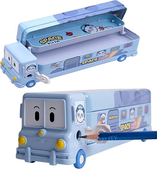 FAMOUS QUALITY 2 in 1 - Cartoon Printed School Bus Metal Pencil Box