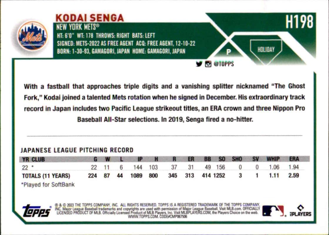 Amazon.com: 2023 Topps Holiday #H198 Kodai Senga New York Mets