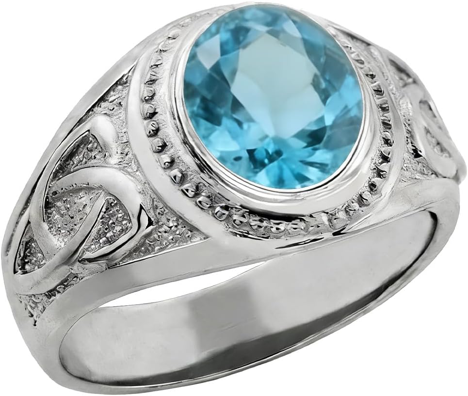 8mm Natural or Lab Created Gemstone with Celtic Knot Vintage Man Ring 925 Sterling Silver Retro Birthstone Statement Ring for Father Husband Man Gifts Size 5-18