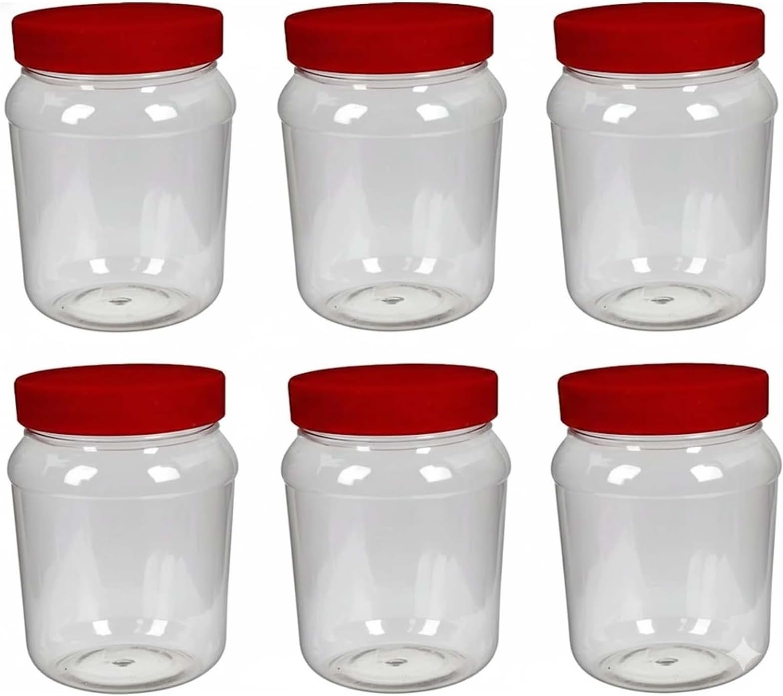 PEBBLE HUG Plastic Storage Jars With Red Lids, Effortless Cleaning, Easy Scooping, Leak-Resistant, Long-Lasting Freshness, Crystal-Clear, Multipurpose Utility for Kitchen, Office, (1000ml (Pack of 6))