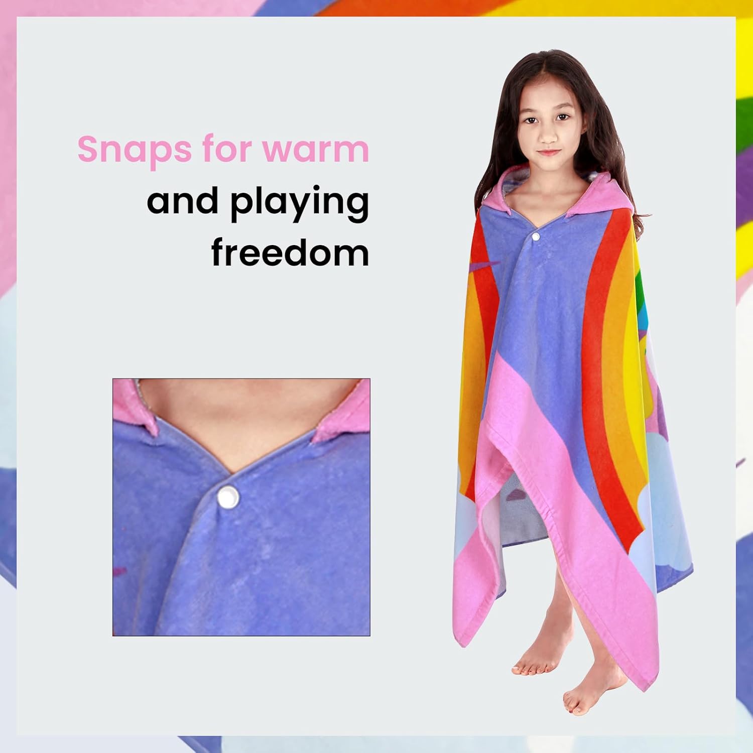 BANGSAUR Kids Hooded Beach Towels, 100% Cotton 50x30 inches Bath Pool Swiming Towel Wrap, Toddlers Girls 3-12 Years Coverup Rainbow Unicorn N - Image 4