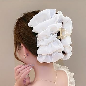 Large Bow Hair Claw Clips for Women Mesh Bubble Hair Barrettes for Thick Thin Hair Elegant Chiffon Silk Hair Accessories Tulle white