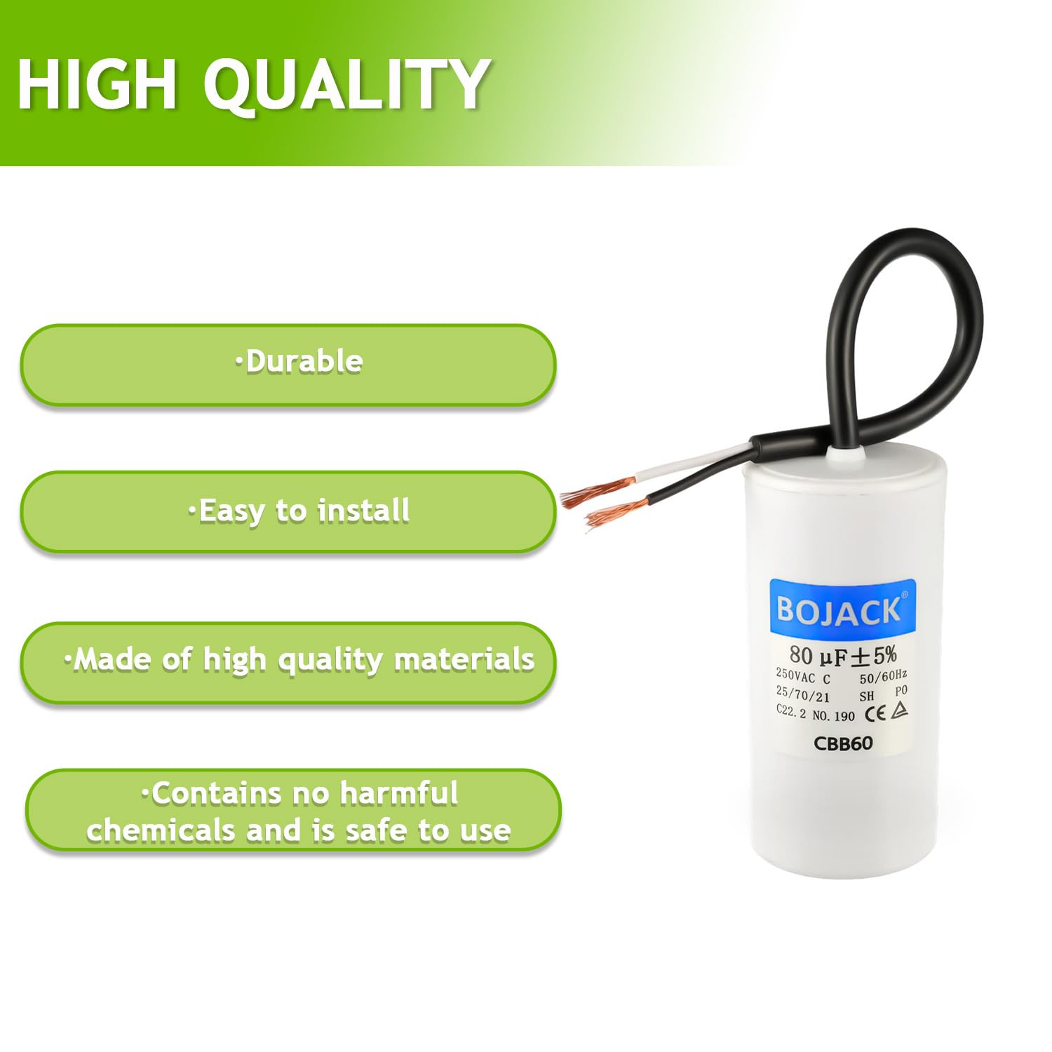 BOJACK Run Capacitor 80 uF MFD 250V AC 80 MFD CBB60 2 Wire 50/60Hz Cylinder Motor Run Capacitor for Motor Blower air Compressor and air Conditioner Compressor Replacement Part