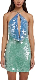 Women Y2K Sequin Beaded Halter Dress Sexy Sparkly Embellished Rhinestone Mini Dress Glitter Backless Shining Clubwear - Buy now
