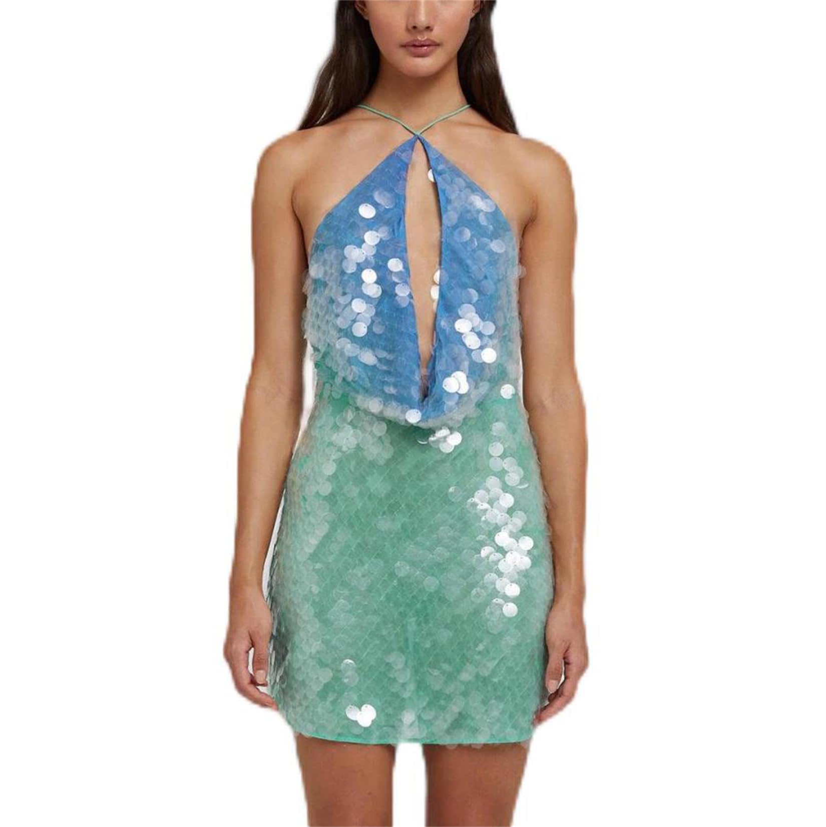 Women Y2K Sequin Beaded Halter Dress Sexy Sparkly Embellished Rhinestone Mini Dress Glitter Backless Shining Clubwear Flower Small