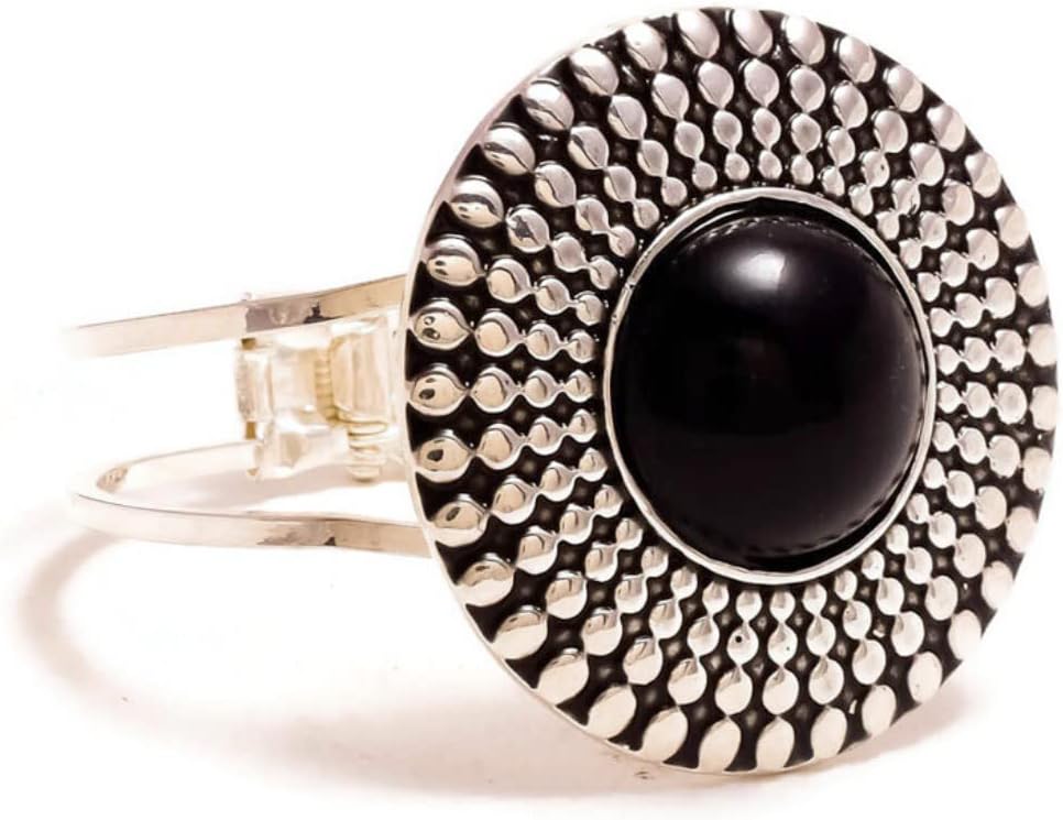 Black Onyx Cabochon Round Gemstone Silver Plated Handmade Oxidized Cuff Bangle Bracelet