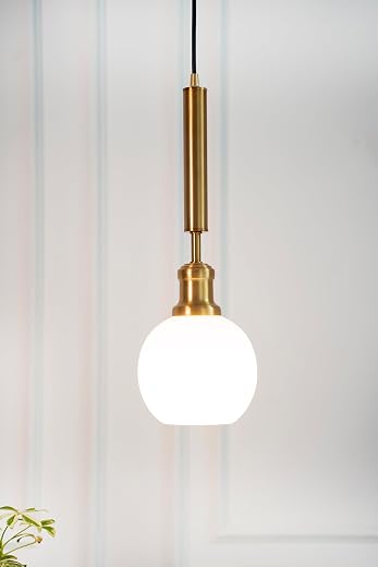 Divine Trends Globe Hanging Pendant Light Antique Brass Finish with Frosted Milky White Glass | Hanging Lamp for Living Ro...