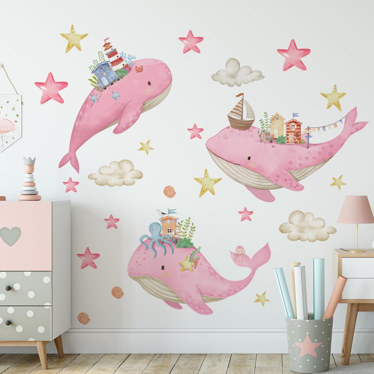 OUFEI Wall Art Stickers Room Decor for Teen Girls Peel and Stick Fantasy Pink Whale Stars Wall Decals for Baby Kids Nursery Bedroom Living Room Decoration