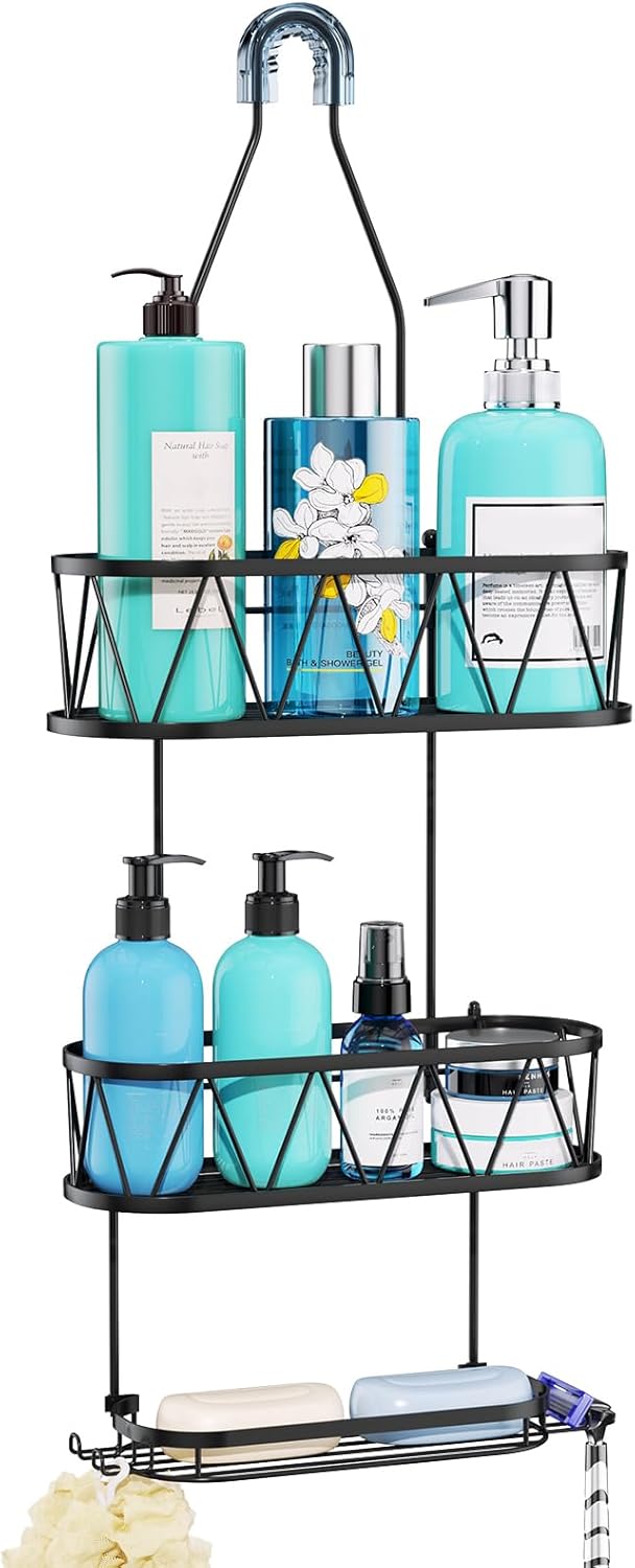 HapiRm Bathroom Hanging Shower Caddy - Rustproof Shower Shelf with 12 Hooks and 2 Soap Holders, No Drilling Bathroom Organizers and Storage - Brushed Nickel