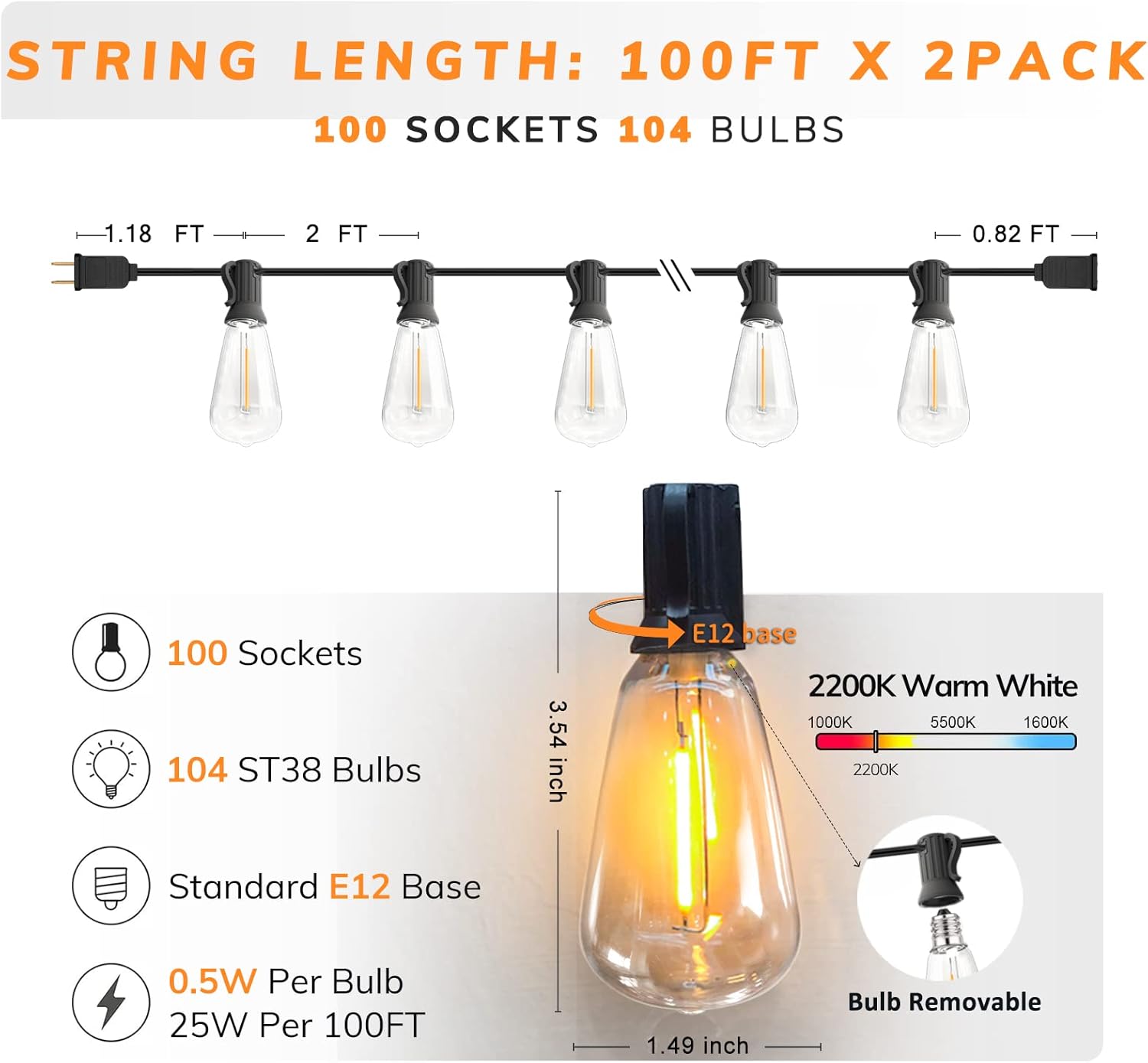 Achin Outdoor String Lights 200FT Vintage Edison String Lights with 104 Shatterproof ST38 Bulbs LED Dimmable Warm 2200K Plastic Patio Lights Outdoor Waterproof for Yard Gazebo Market Bistro Lights