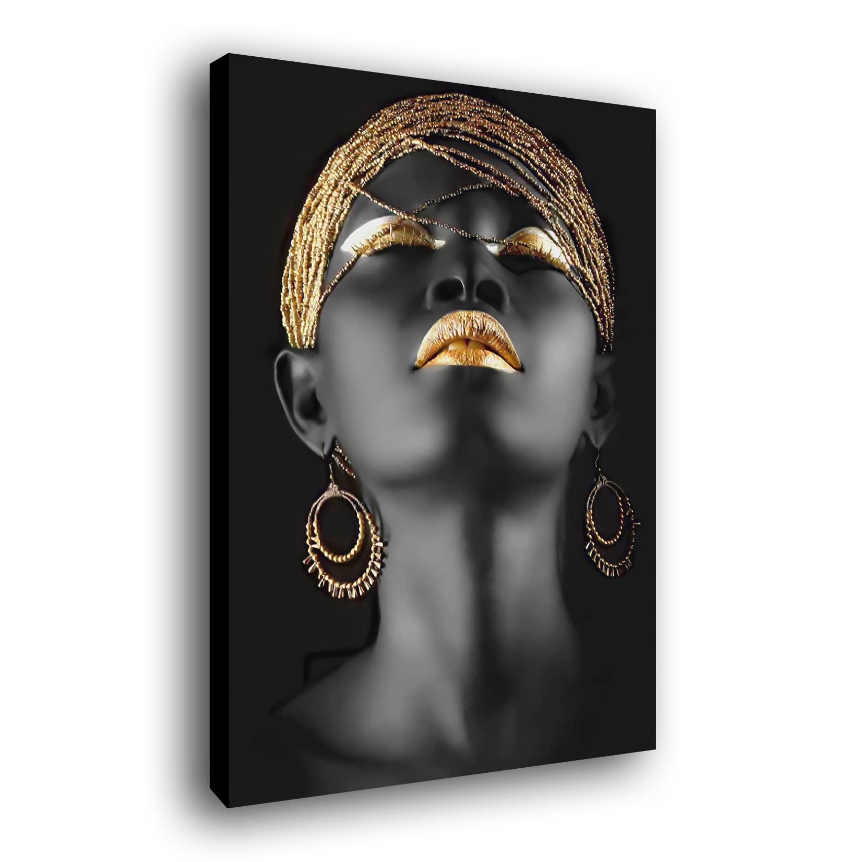 Genérico Cuadro lienzo canvas Chica Mujer Africana con maquillaje dorado y pendientes oro - Alta resolución – Varias medidas (66_x_100_cm)