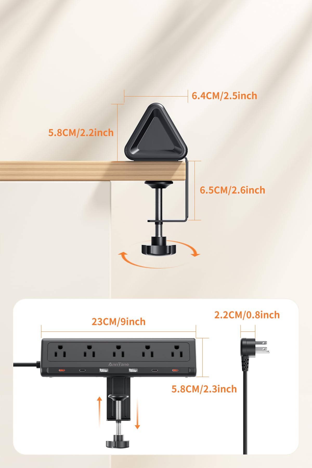 Regleta de alimentación de abrazadera para computadora de 10 pies con 5 salidas de CA y 6 puertos USB PD de 40 W USB-C de carga rápida, protector de sobretensiones 1250J se adapta a 2.6 borde superior