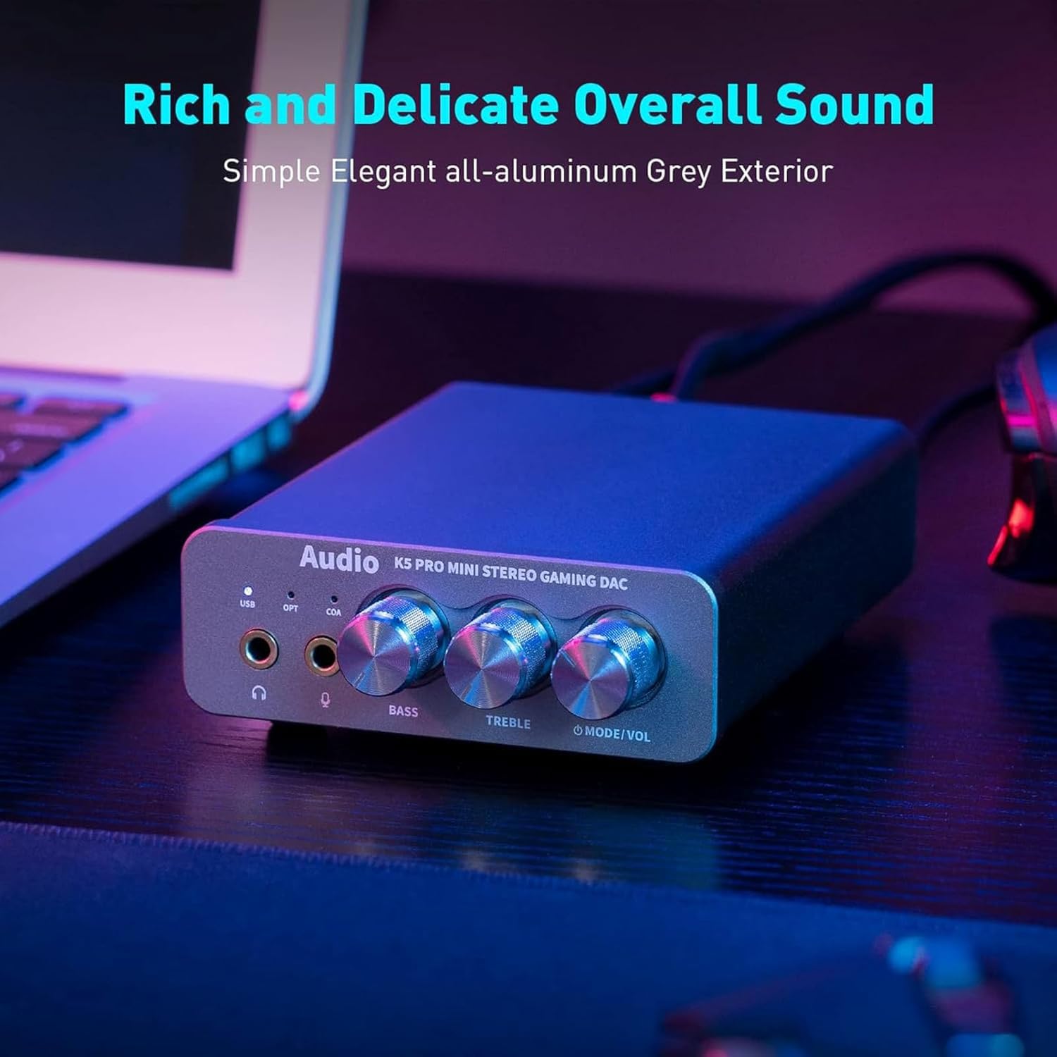 K5 Pro wzmacniacz słuchawkowy do gier, mini konwerter analogowy stereo Hifi, 3,5 mm AUX i interfejsy mikrofonowe, odpowiedni do aktywnych głośników PS4/PS5/Switch