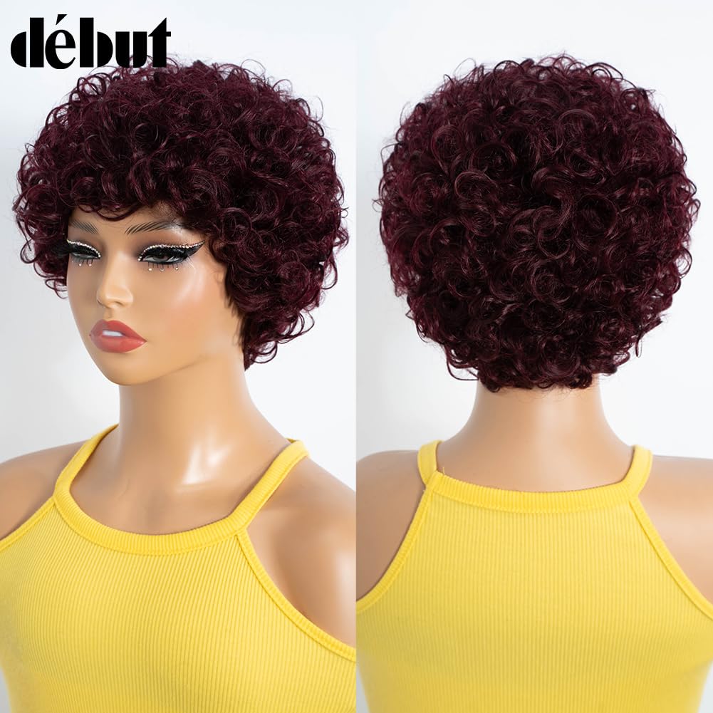 DÉBUT Short Curly Wig 100% Human Hair Wigs For Women Red Afro Curly Wig with Bangs Pixie Cut Wig Brazilian Remy Hair (8 inches, 99J) - Image 2