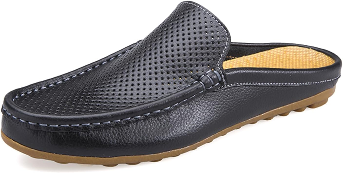 Men's Hollow Leather Slip On Mules Clog Slippers Casual Round Toe Backless Flat Loafers Dress Shoes for Walking Wedding