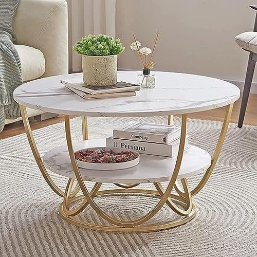 Image of Device Bas with BROWN ART SHOPPEE Faux Marble Top Round 2 Tier Metal Coffee Tables Simple Living Room Table Sets,Sofa Center Table End Tables with Metal Frame Home Decor for Living Room(Gold & White)