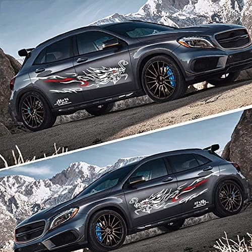 Fochutech Car Racing Decals, Dragon Decal Vinyl, Car Side Stickers, Full Set Sticker Car - Car Door/Body/WindSheild/Hood/Window Decal, Universal Car Sticker(White+Red)