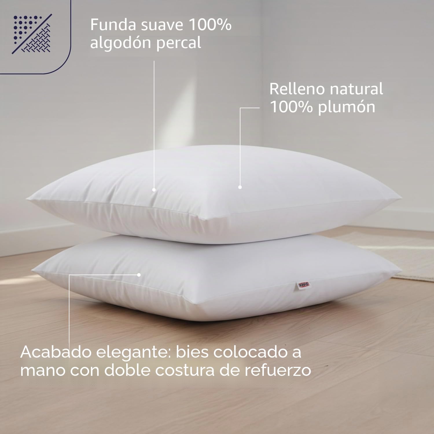 Dodo | Juego de 2 Almohadas Naturales de 60 x 60 cm | Comodidad Firme | 2 Almohadas Meribel 100% Plumas, Suave y termorregulante, Fabricado en Francia, Lavable a máquina a 40 °C