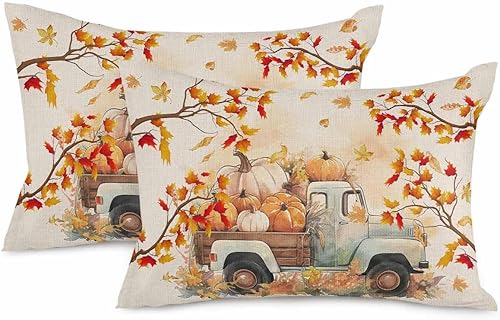 Miniatura 1 de Juego de 2 fundas de almohada de otoño de 20 x 12 pulgadas, diseño de calabaza de cosecha, fundas de cojín decorativas para otoño, fundas lumbares