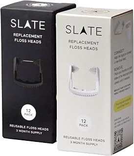 Slate Flosser Refills, Black & White Smooth Floss Heads, 6-Month Supply | Smooth for Tight Teeth, 450+ Woven Strands, Gum Sweeps + Tongue Scraper, Fits All Slate Flossers, Non-Toxic, 24pk