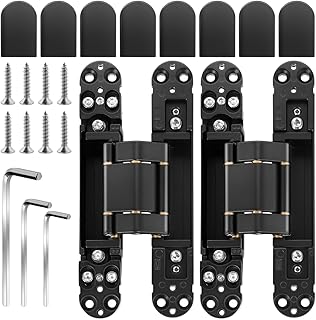 Hidden Door Hinges（2 Pcs）-6 Inch Black Invisible Hinges for Doors, 180 Degree Swing Concealed Hinges, 3 Way Adjustable & Heavt Duty Hinges (Load-Bearing Up to 85lbs)