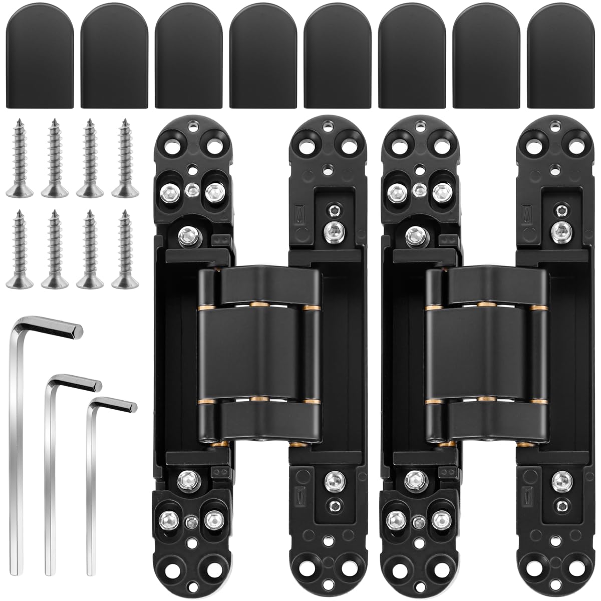 Onedaful Cuzofu Hidden Door Hinges（2 Pcs）-6 Inch Black Invisible Hinges for Doors, 180 Degree Swing Concealed Hinges, 3 Way Adjustable & Heavt Duty Hinges (Load-Bearing Up to 85lbs)