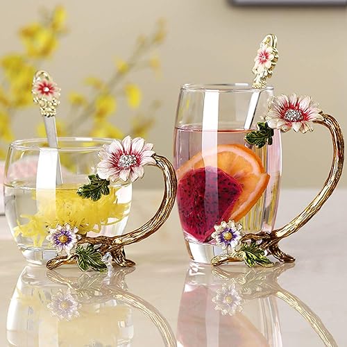 Miniatura 2 de Set de taza de té JY-Danbady de cristal esmaltado con girasol, sin plomo con cucharita, regalo para Navidad, día de San Valentín. El mejor regalo