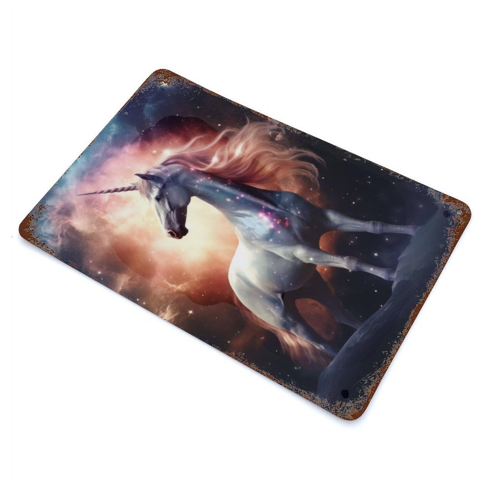 Distressed Metal Wall Sign with Unicorn In Nebula Design 11.8"x7.9", for Living Room, Hallway And Home Decor, Vintage Wall Decor