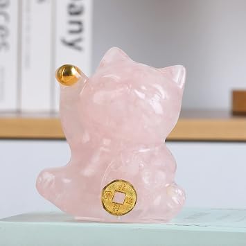 Yellow Crystal Lucky Cat Figurine Hand Carved Maneki Neko Money Cats Statue Feng Shui Decoration for Home Office Attract Good Luck Money Wealth with Gift Box (Pink Quartz)