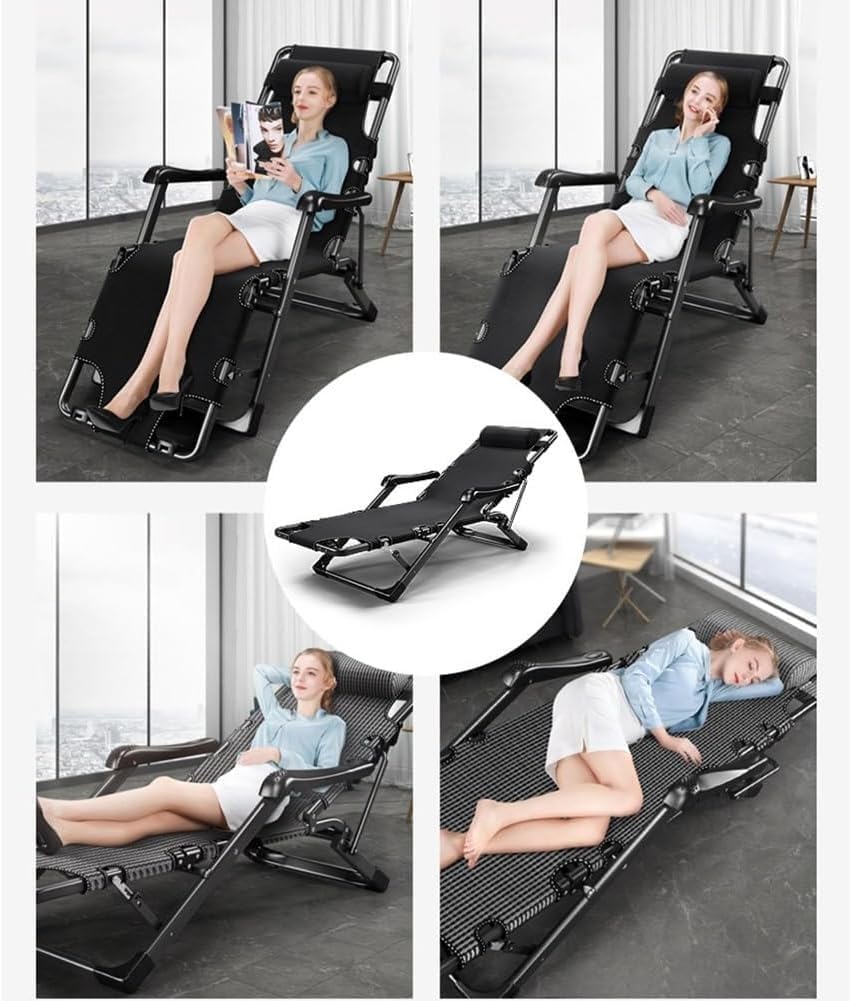 Outdoor Lounge Chair 2-in-1 Folding Cot with Pillow & Cup Holder, 5-Position Reclining Patio Chaise Lounge for Garden, Beach & Camping - Comfortable & Portable