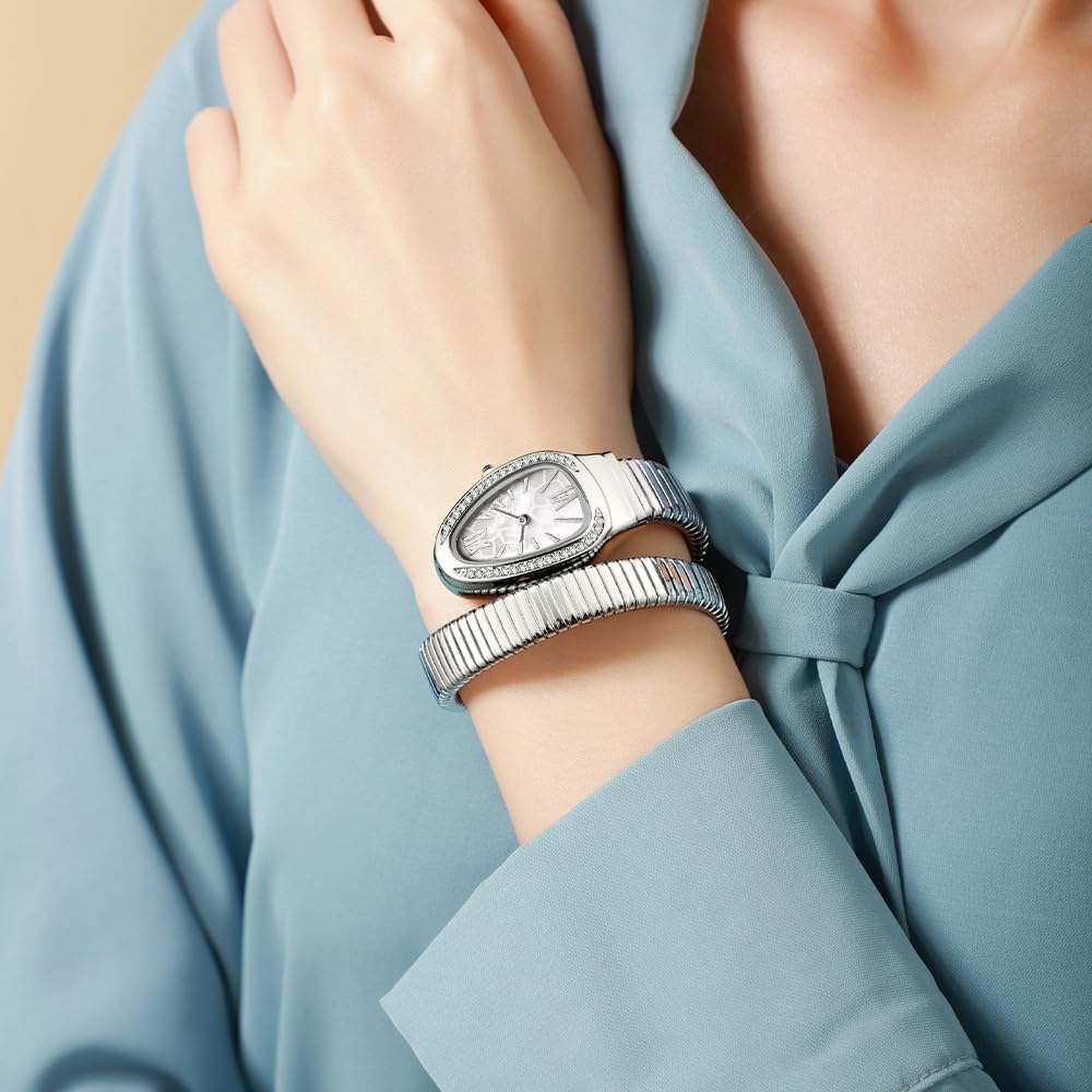 Gosasa Elegante orologio da donna a forma di serpente, design unico, serpente bobina elegante con diamanti e quadrante con numeri romani