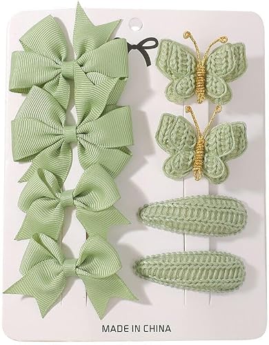 LANCI Girls Hair Clips Set, 8 Pieces, Purple Grosgrain Ribbon Bows with Knitted Butterfly Barrettes, 4.3-6.3cm, Toddler Kids Hair Accessories (Green)
