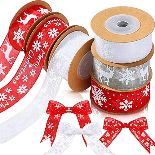 6 Rolls Christmas Wired Ribbon Craft Organza Ribbon 36 Yards x 1 Inch Snowflake Snow Sheer Red and White Ribbon Xmas Wrapping Ribbon with Snowflake Elk for Christmas Gift Wrap, Tree Room Decoration
