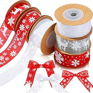 6 Rolls Christmas Wired Ribbon Craft Organza Ribbon 36 Yards x 1 Inch Snowflake Snow Sheer Red and White Ribbon Xmas Wrapping Ribbon with Snowflake Elk for Christmas Gift Wrap, Tree Room Decoration