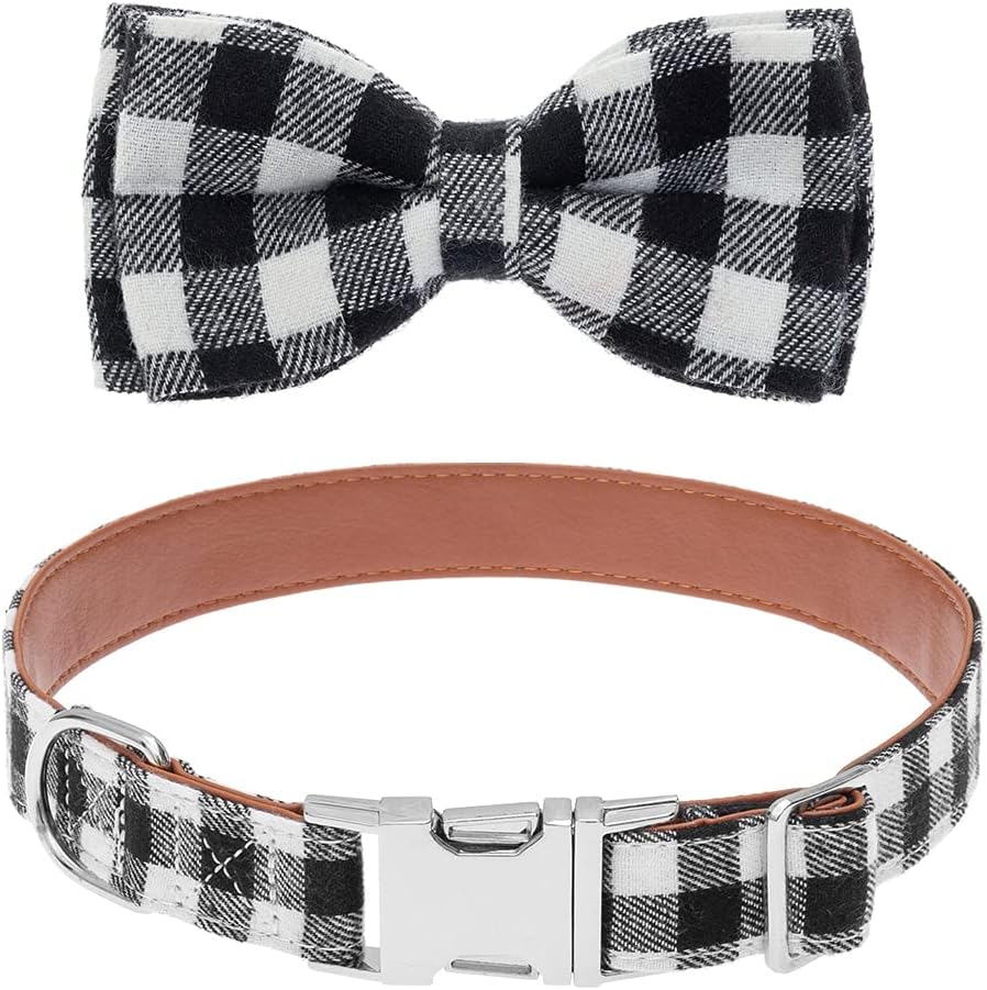 Mihachi Plaid Bowtie Dog Collar Adjustable - Premium Classic Plaid with Metallic Buckle Collars for Medium to Large Dogs (White)