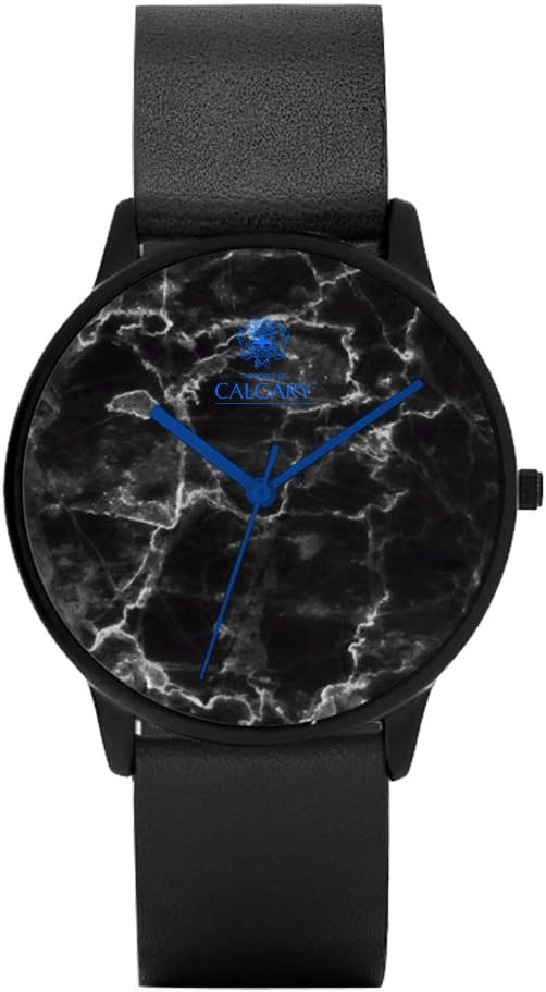 Watches Calgary Blue Marble – Watch with Patterned Dial Black Leather Strap with Black Marble. Needles and Logo Calgary in Blue (Black)
