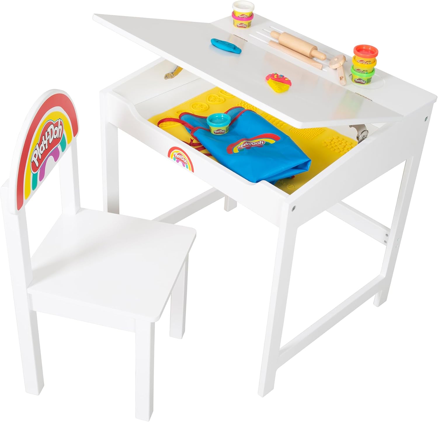 robaPlay-Doh Wooden School Desk & Chair Set with Playset | Creative Workspace for Kids with Storage, Tools, Mat | Fun Art & Craft Station for Boys & Girls 3+