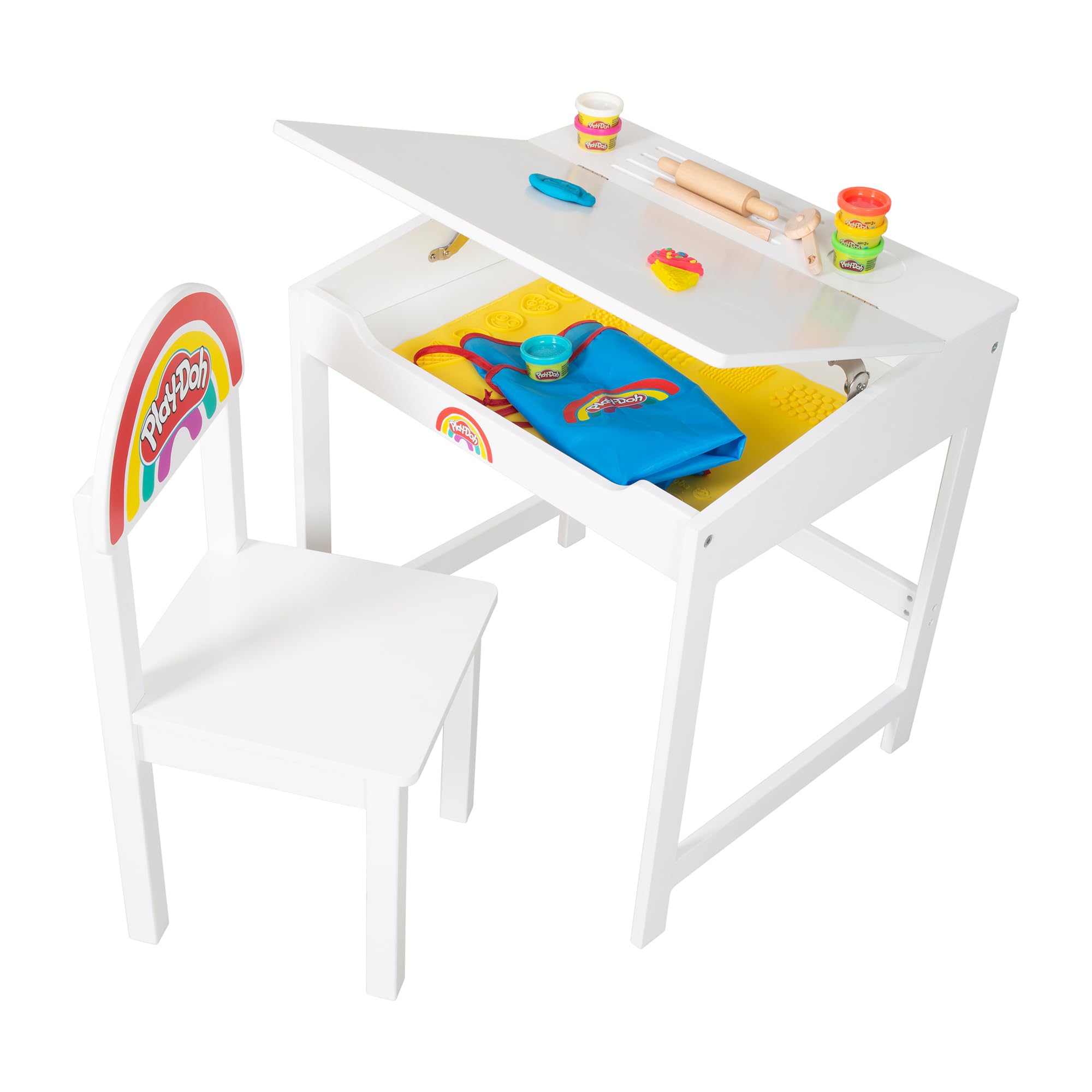 roba x Play-Doh Escritorio Escolar - Herramientas de Madera certificada por el FSC, Alfombra Creativa, 6 latas de plastilina, Delantal y Silla - Escritorio para Pintar, Manualidades y Jugar