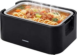 Portable 4 Cup Electric Heated Lunch Box, 33oz Food Warmer for Work & Travel, Leak-Proof Silicone Lid, Foldable Handle, Removable Stainless-Steel Container & Detachable Power Cord, Black