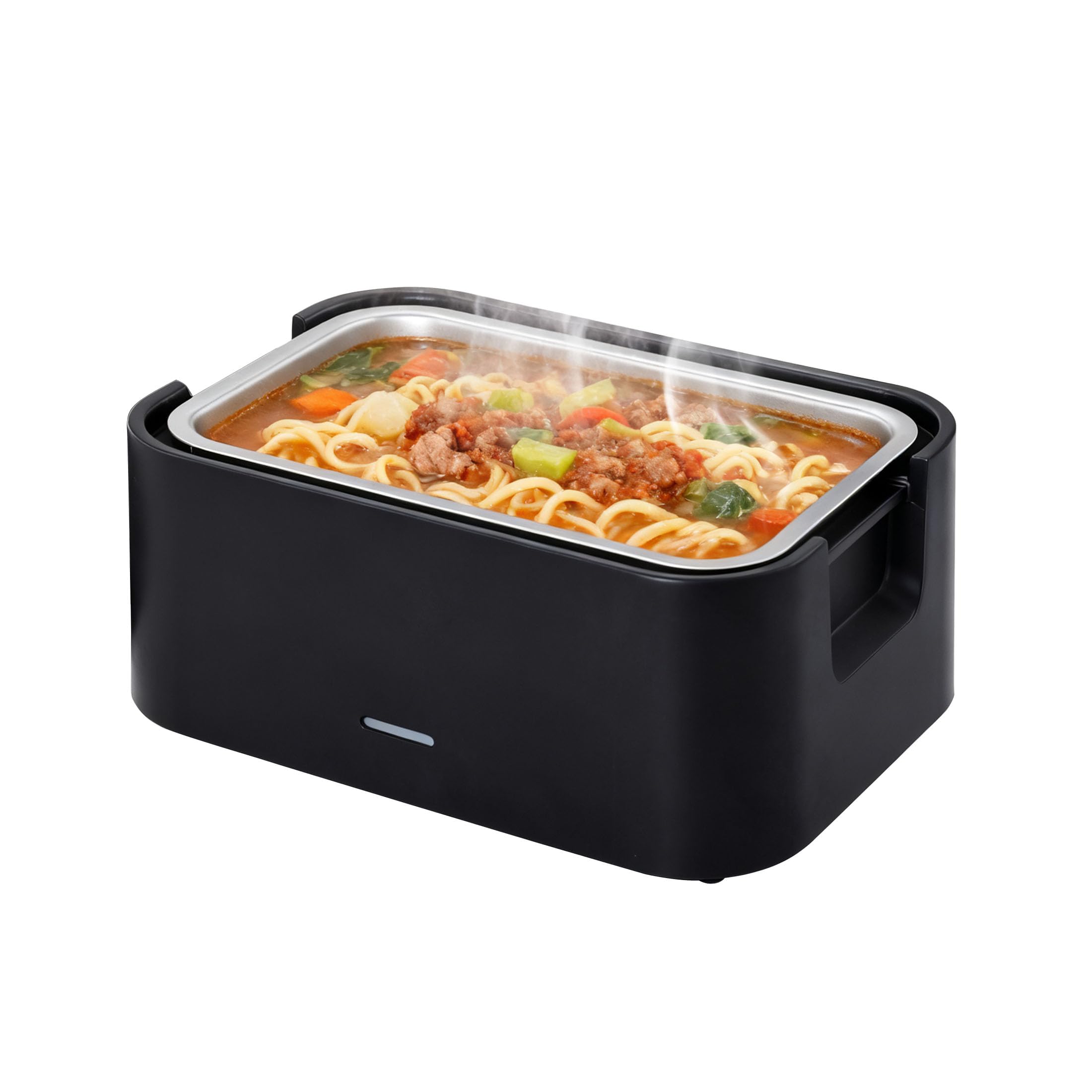 LoftyChef Portable 4 Cup Electric Heated Lunch Box, 33oz Food Warmer for Work & Travel, Leak-Proof Silicone Lid, Foldable Handle, Removable Stainless-Steel Container & Detachable Power Cord, Black