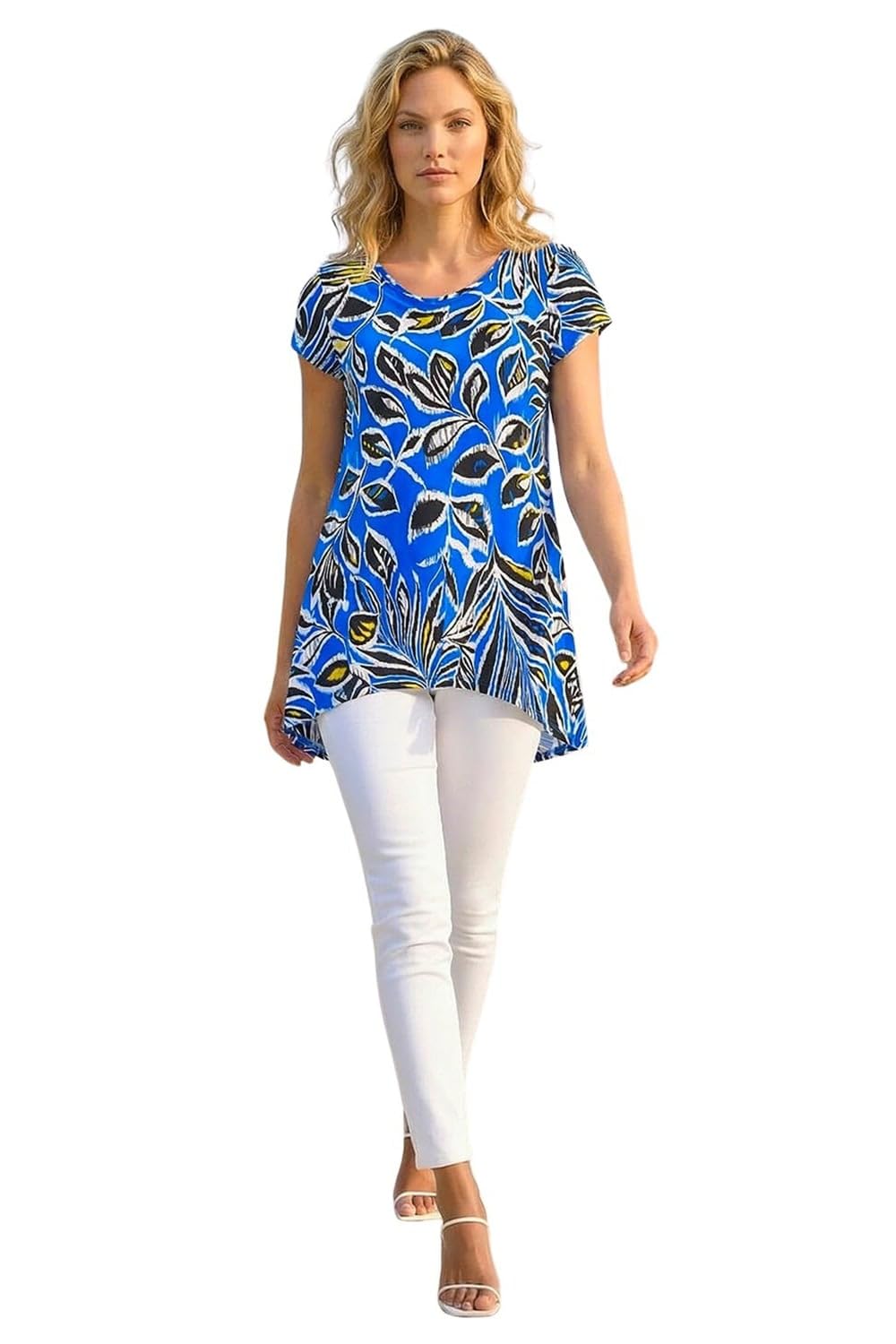 Roman Originals Women's Royal Blue Hanky Hem Tunic Top For Uk - Longline Blouse Asymmetric Hemline Short Sleeves Casual Slouch Loose Summer Spring Relaxed Comfortable - Size 16