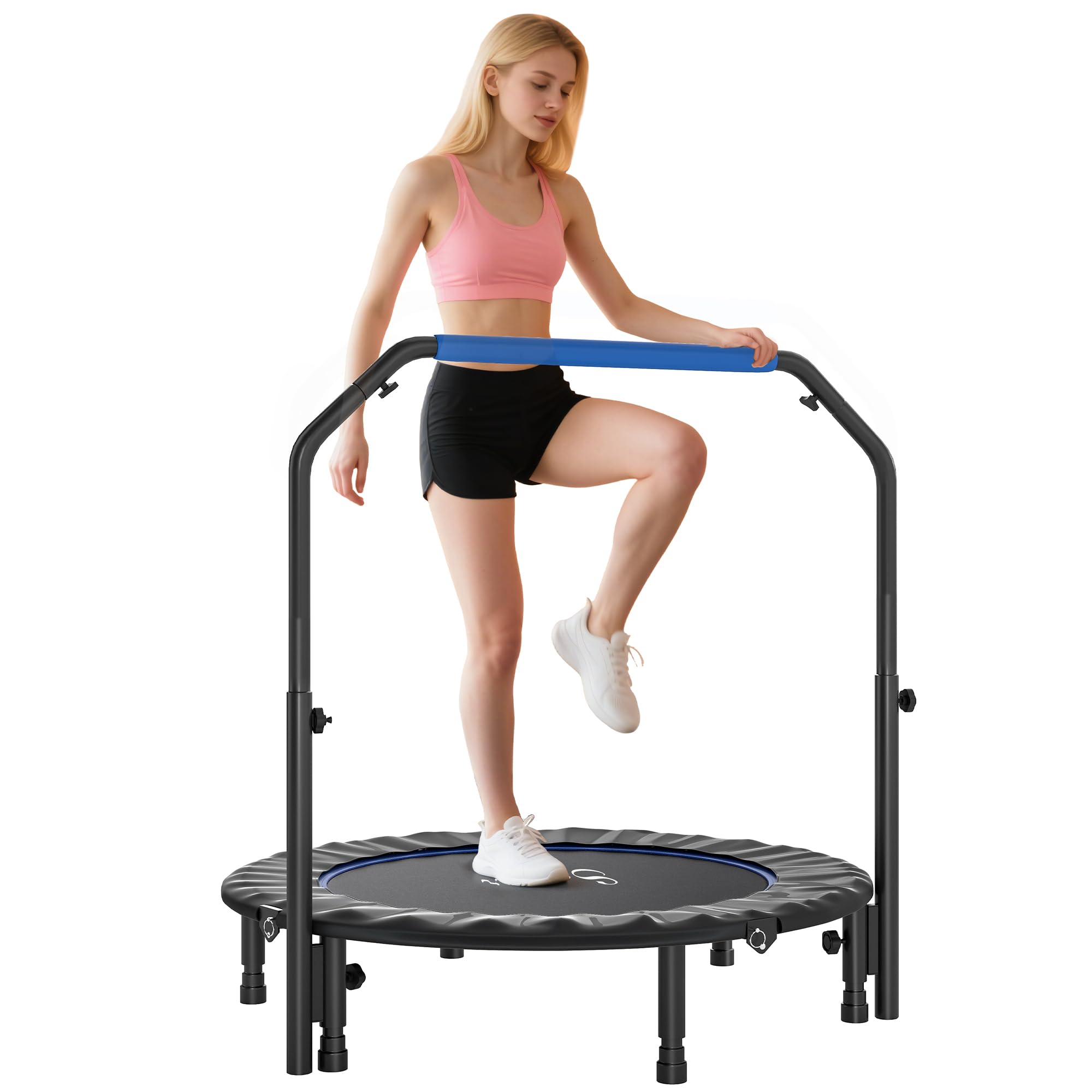 HOMCOM Trampolín de Fitness Adultos Ø102/114/122 cm, Cama Elástica Plegable con Mango Ajustable de 4 Niveles, Marco de Acero, para Entrenamiento Piernas, Cuerpo en Hogar, Oficina, Gimnasio