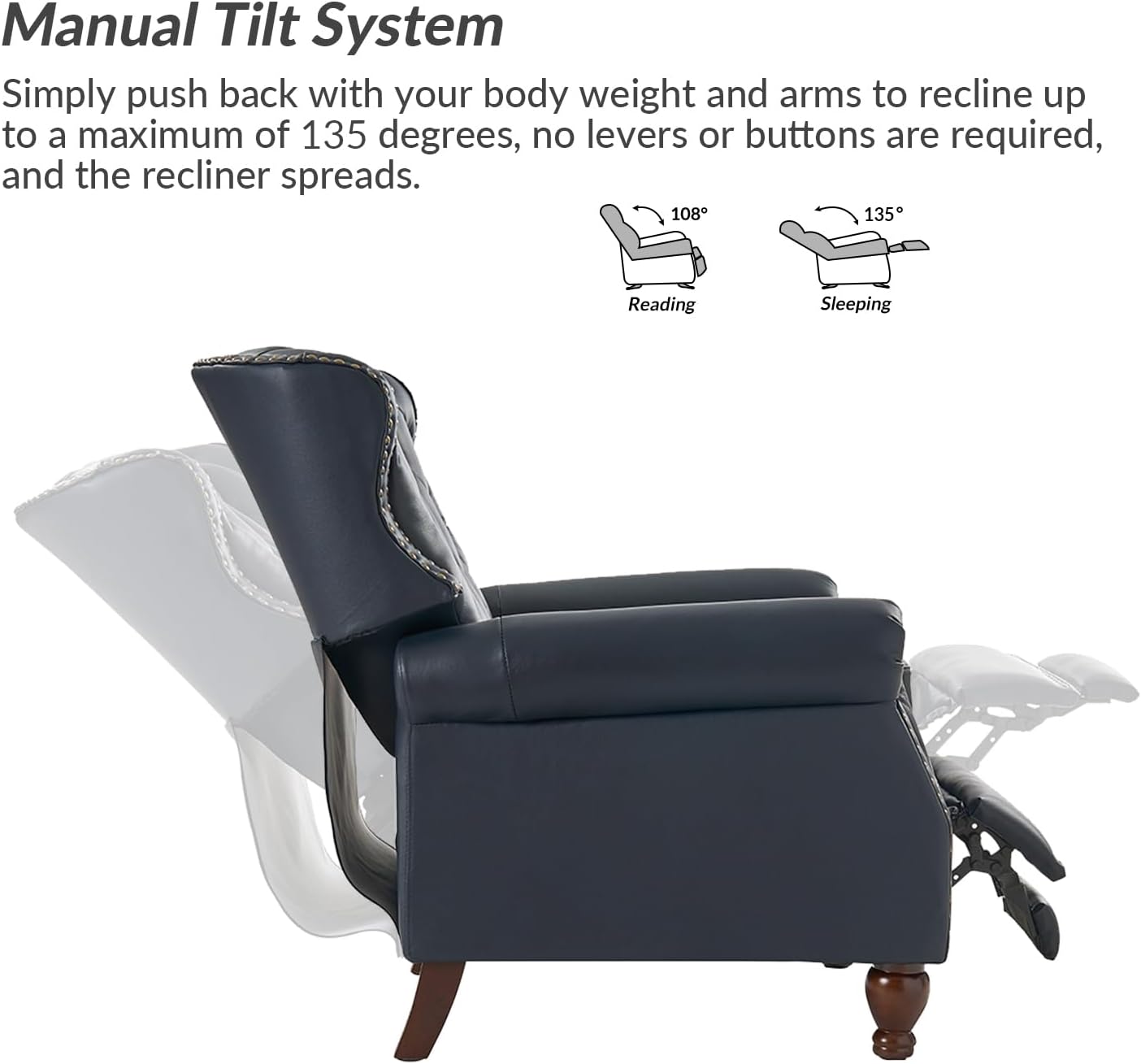 HULALA HOME Genuine Leather Recliner Chair Set of 2 w/Solid Wood Feet, Modern Adjustable Tufted Push Back Arm Chair w/Rivet Decoration, Home Theater Seating Reclining Sofa for Living Room, Navy