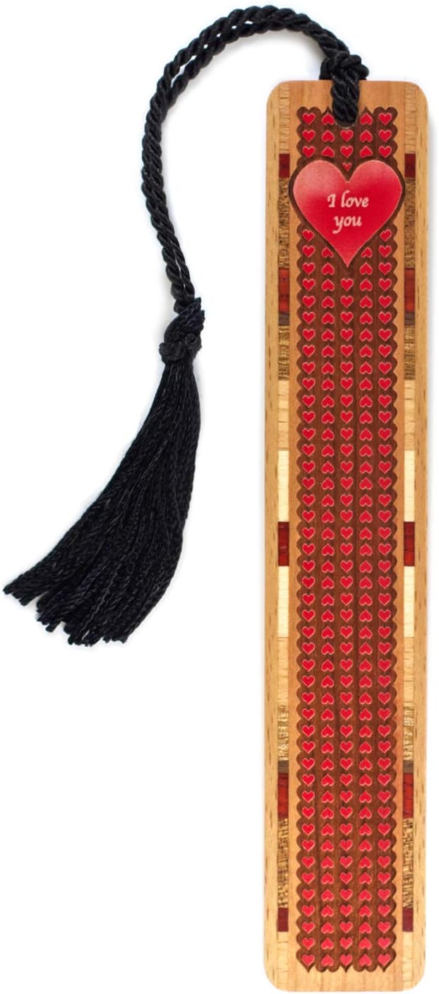 Personalized I Love You with Red Hearts Engraved Wooden Bookmark - Made in the USA - Also Available Without Personalization
