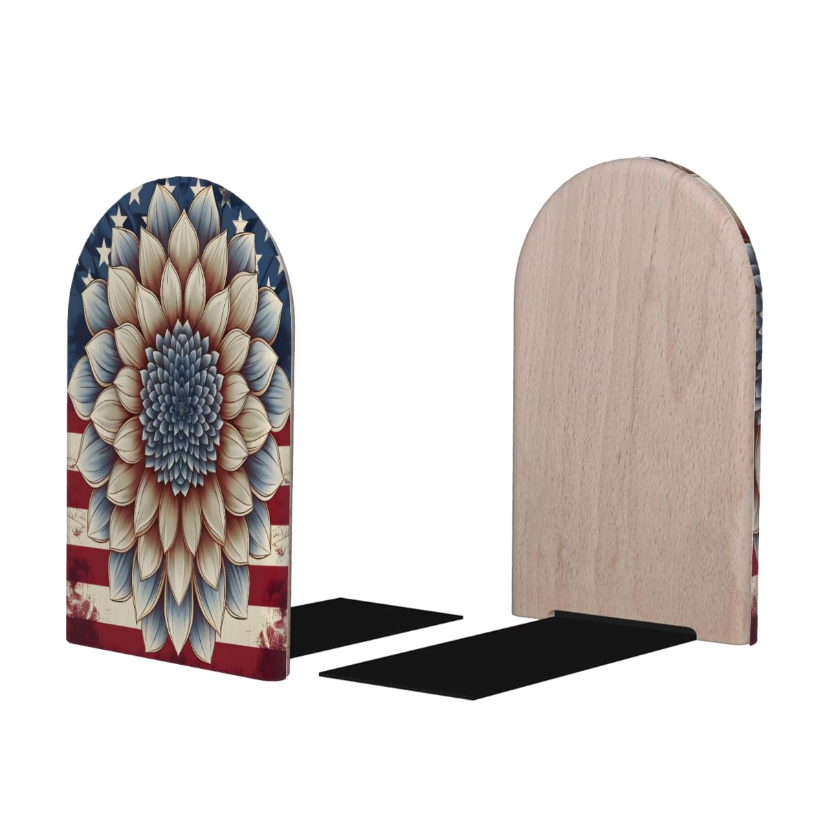 (2 PCS/1 Pairs) Wood Bookends American Flag Flower Decorative Wood Bookends for Student School Shelves Kids Room Desk Home Office Book Stoppers for Holiding Books 5x3 Inch