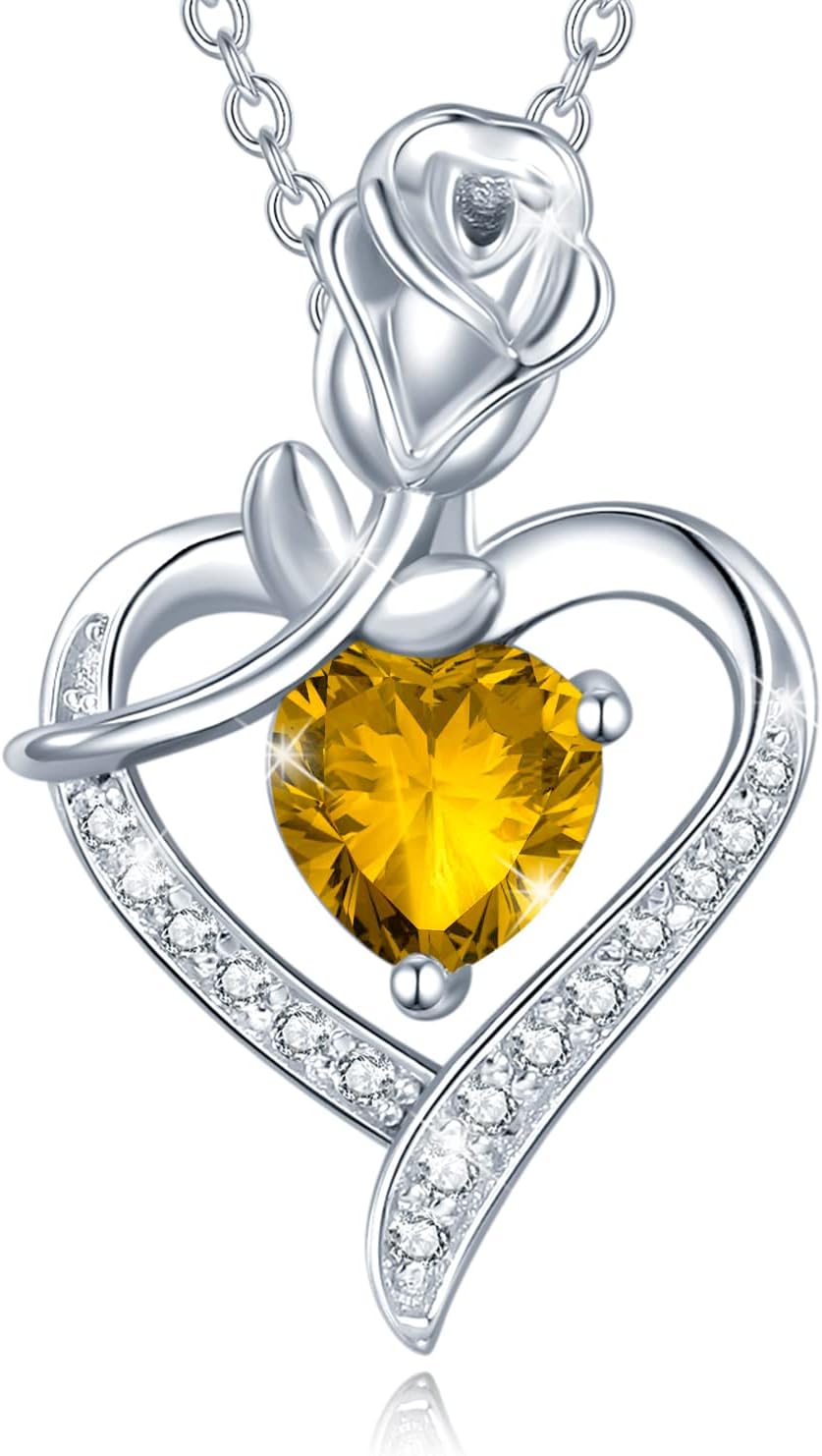 AGVANANovember Birthstone Jewelry Citrine Necklace for Women Sterling Silver Rose Flower Heart Pendant Necklace Fine Jewelry Anniversary Birthday Gifts for Women Girls Mom Wife Lady Her, Metal,