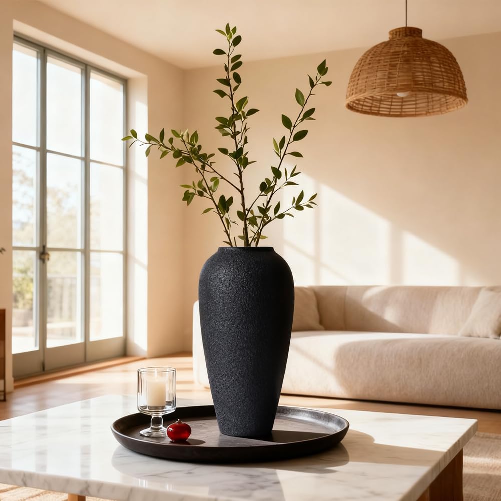 Rustic Ceramic Vase – 13.4" Large Black Ceramic Vase for Home Decor, Modern Terracotta Floor Vase for Living Room, Entryway, Kitchen, Black Vases for Centerpieces, Housewarming Gifts - Image 3