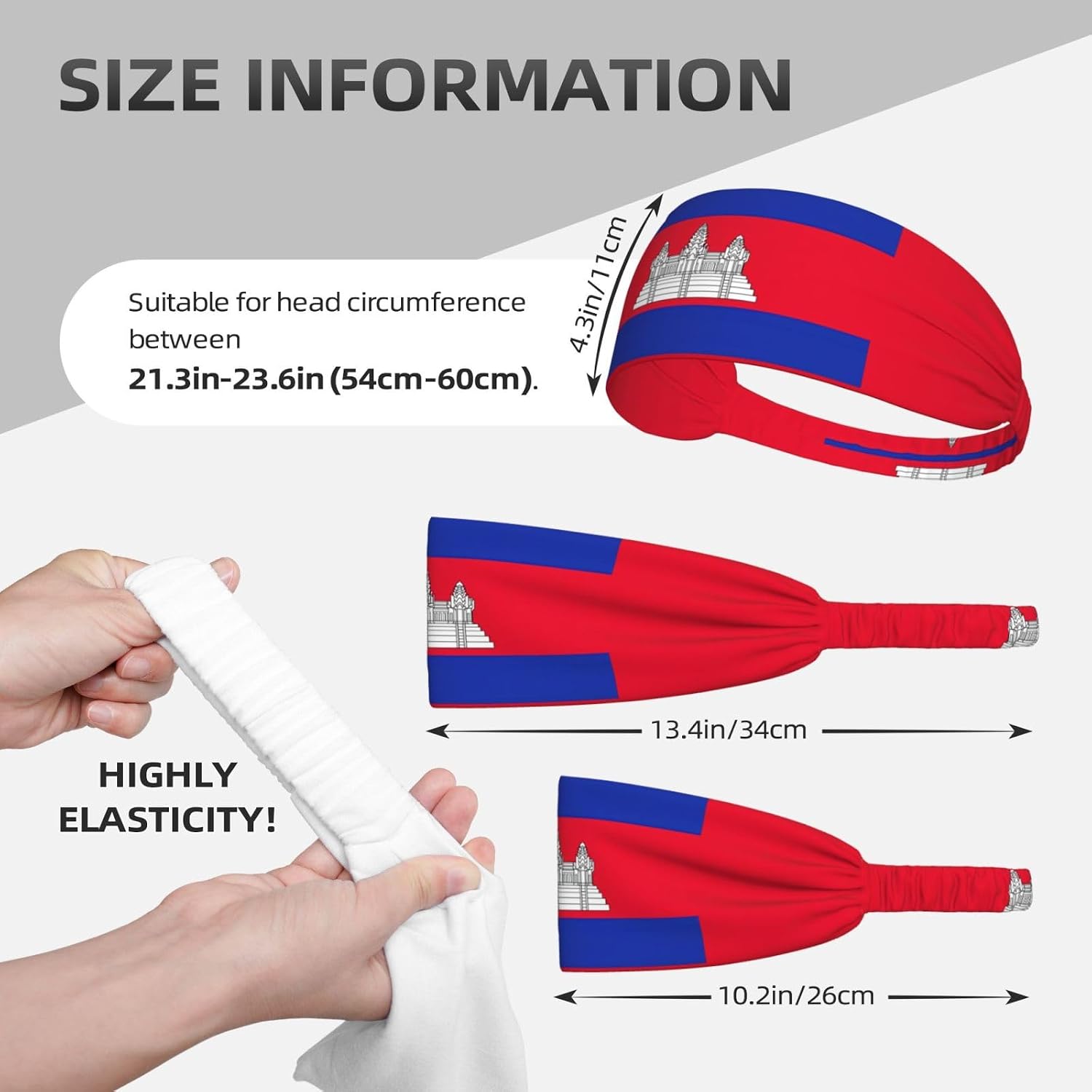 Unisex Wide Cambodia Flag Print Elastic Exercise Headband Soft Breathable Wicking Workout Sweatband