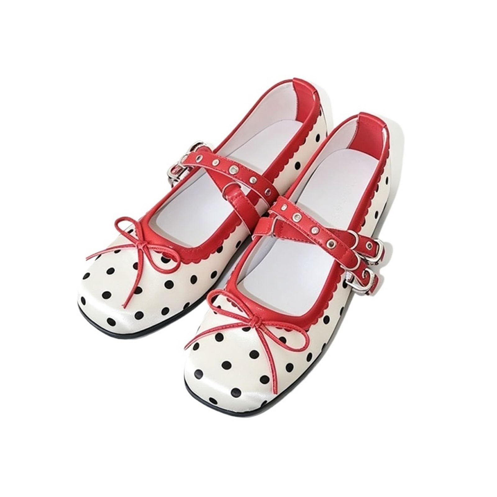 Scarpe Mary Jane A Pois Rossi Raso Suola Morbida Ballerine Donna