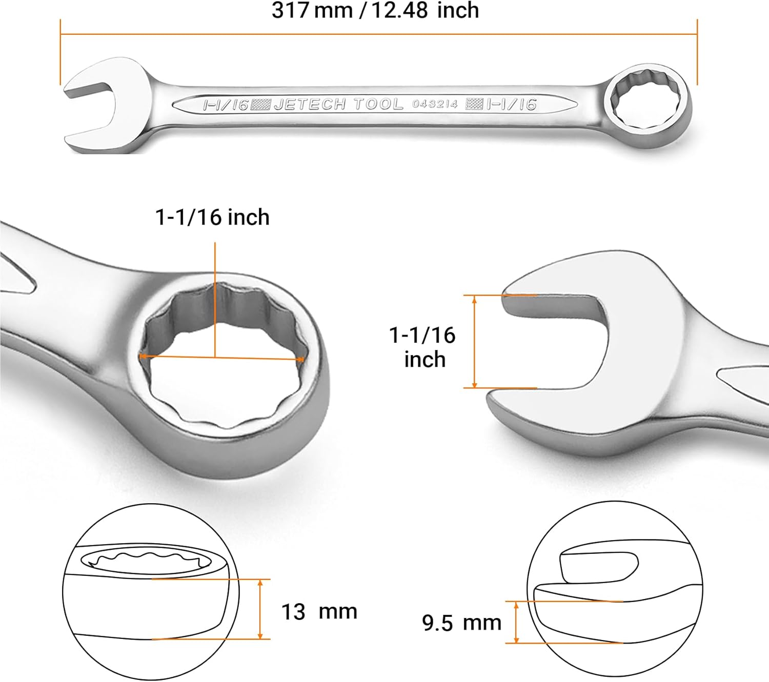 Jetech 1-1/16" Combination Wrench, SAE 12-Point Chrome Vanadium Steel Spanner, Industrial Grade with 15-Degree Offset, Sand Blasted Finish, Heat-Treated Forged Tool